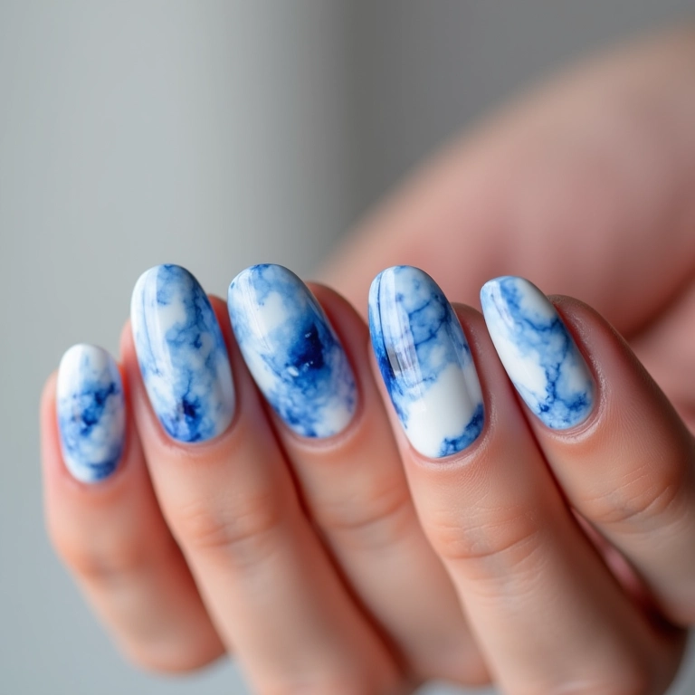 Unhas com efeito marmorizado em tons de azul e branco.