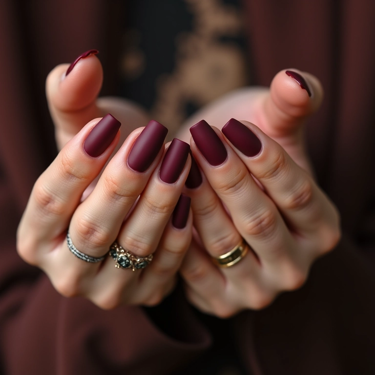 Unhas com efeito matte, cor vermelho escuro e anéis elegantes.