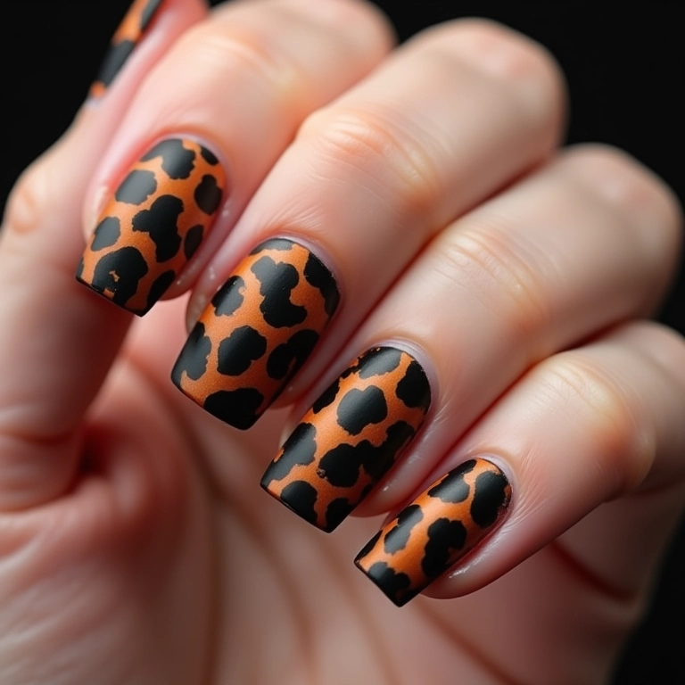 Unhas com efeito matte e animal print.