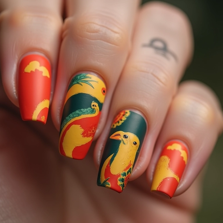 Unhas com efeito matte e desenhos da Galinha Pintadinha.