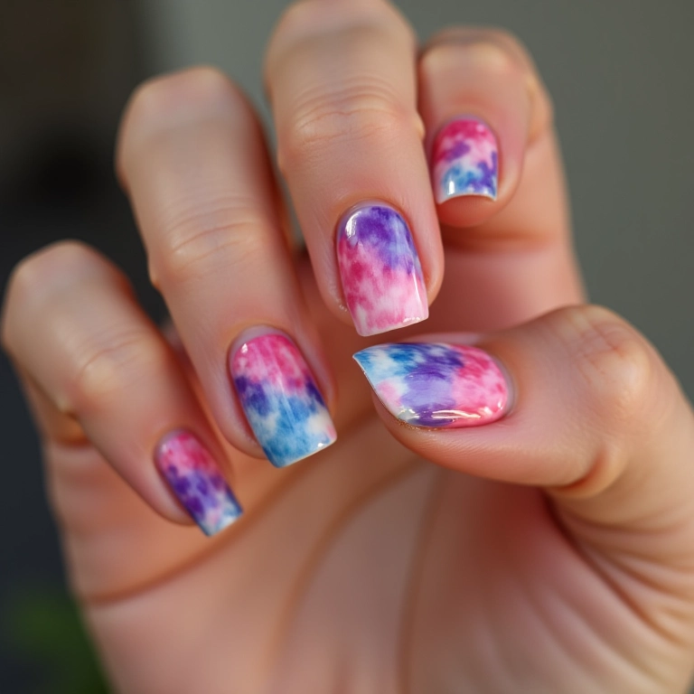 Unhas com efeito tie-dye e cores misturadas e vibrantes.