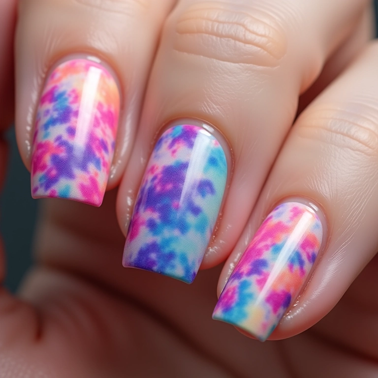 Unhas com efeito tie-dye e cores psicodélicas.