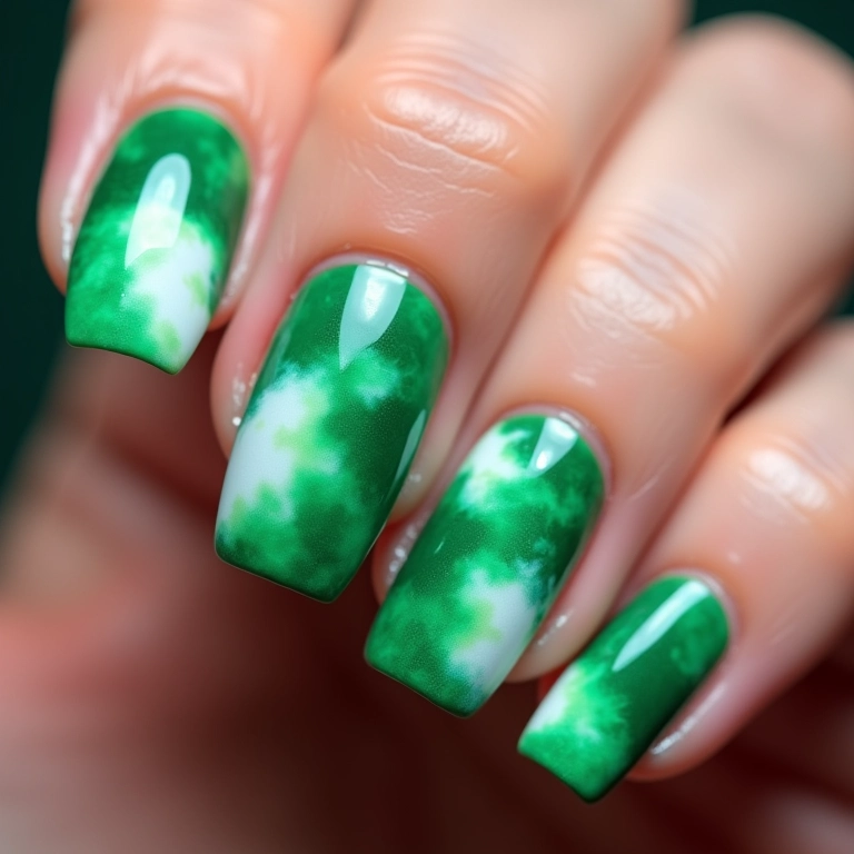 Unhas com efeito tie-dye em verde e branco, inspiradas no Palmeiras.