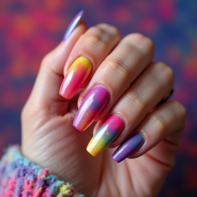 Unhas com efeito tie-dye psicodélico.