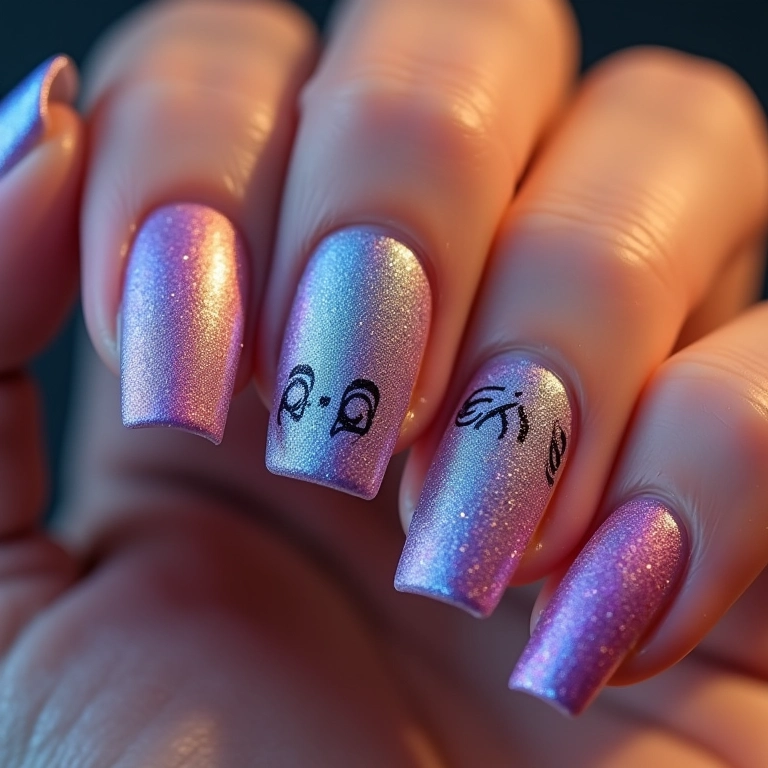 Unhas com efeitos holográficos e letras, brilho e modernidade.