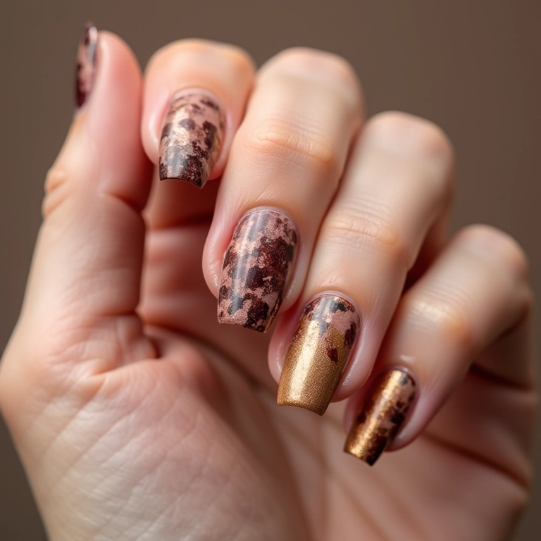 Unhas com efeitos naturais marmorizado e estampa de madeira.