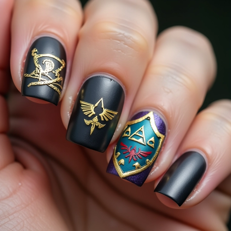 Unhas com elementos de The Legend of Zelda: Triforce e escudo de Hyrule.