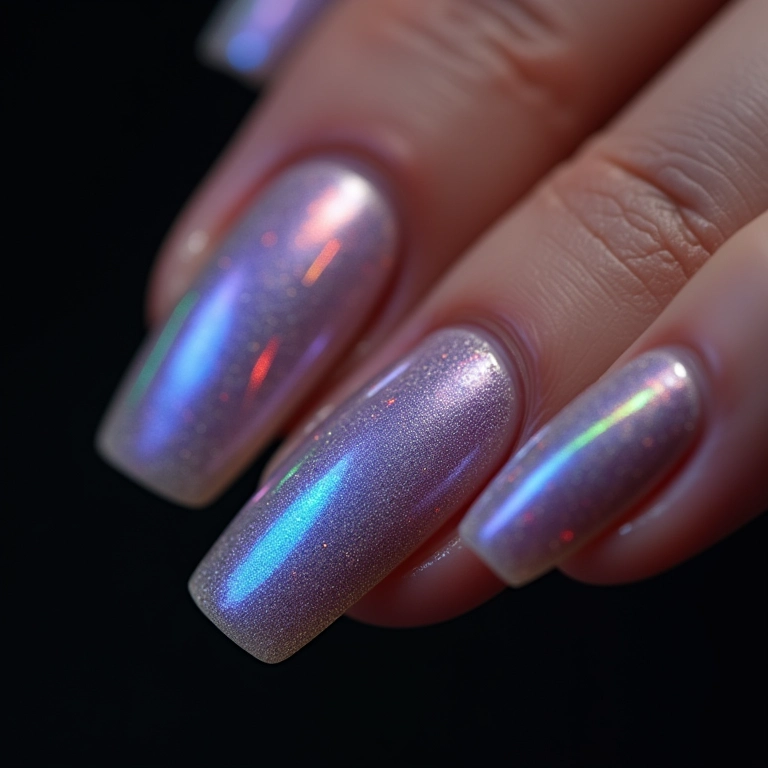 Unhas com esmalte furta-cor.