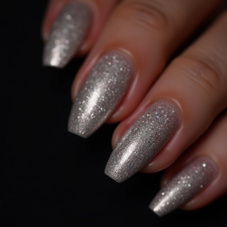 Unhas com esmalte glitter prata, efeito brilhante em fundo escuro.