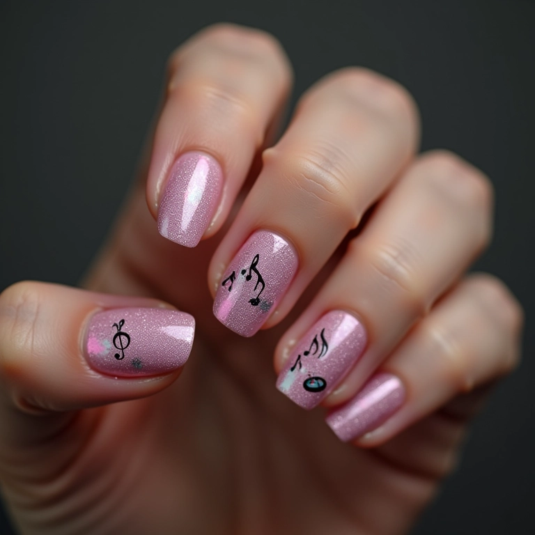 Unhas com esmalte magnético e notas musicais.