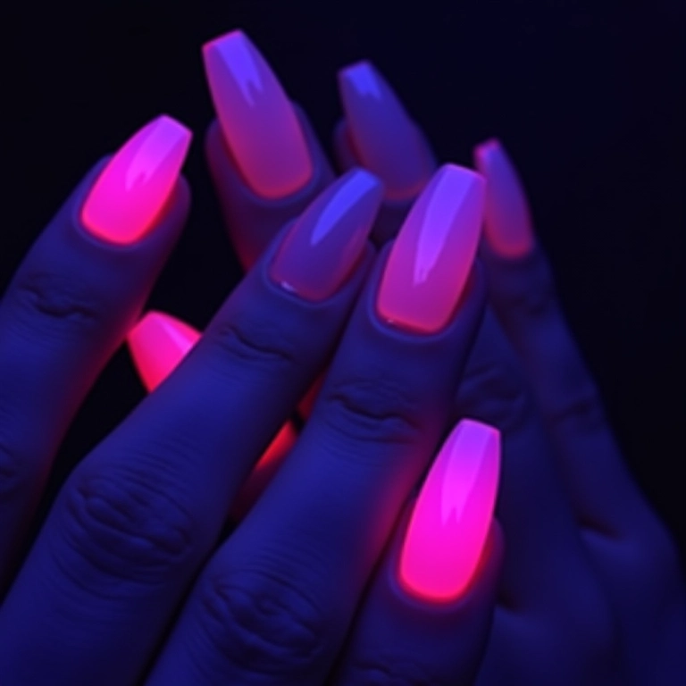 Unhas com esmalte neon brilhando sob luz negra.