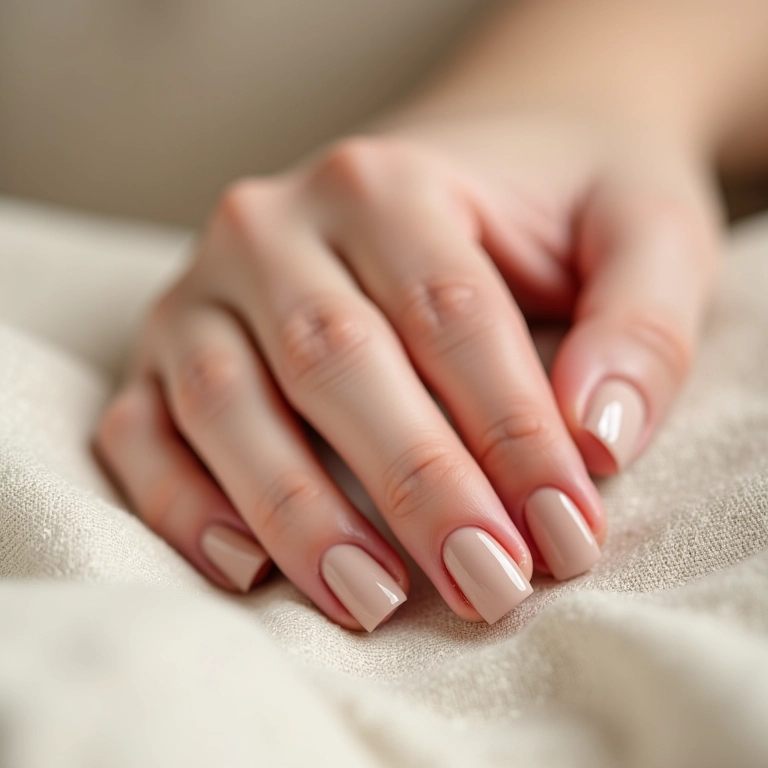 Unhas com esmalte nude em tecido de linho.