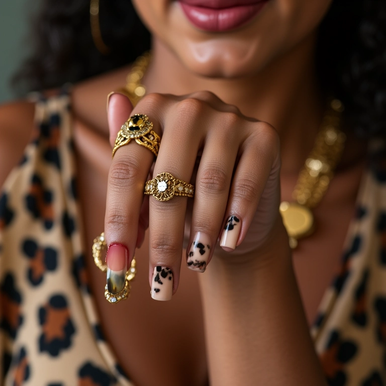 Unhas com estampa animal print de leopardo.
