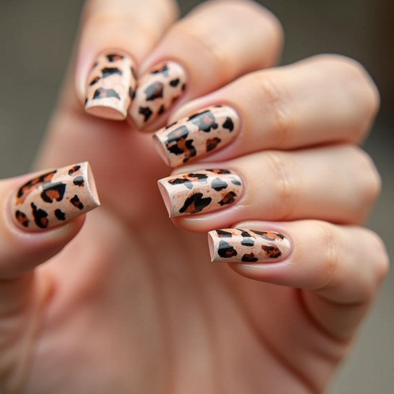 Unhas com estampa animal print em preto e bege.