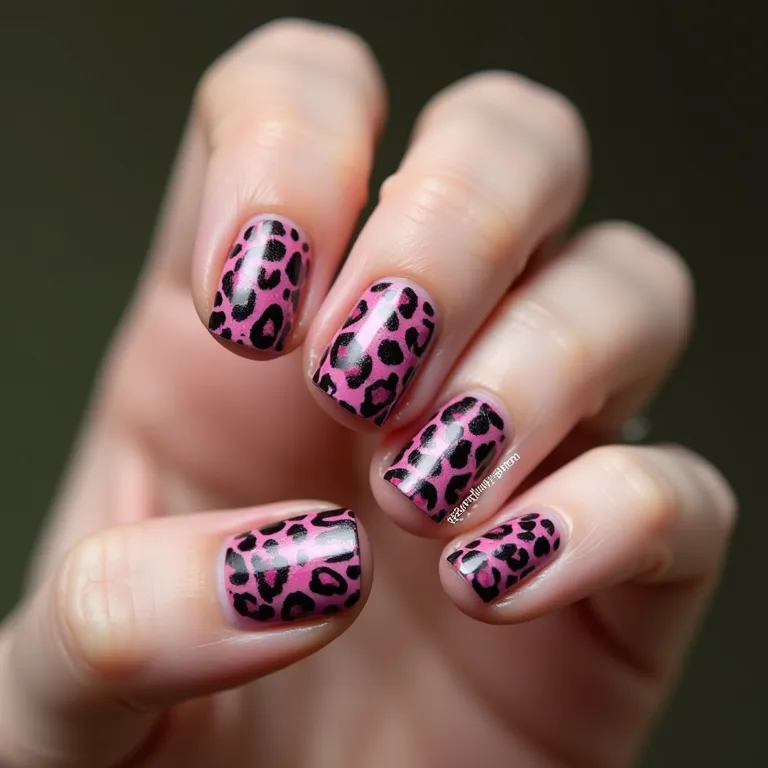 Unhas com estampa animal print rosa e preto, visual moderno.