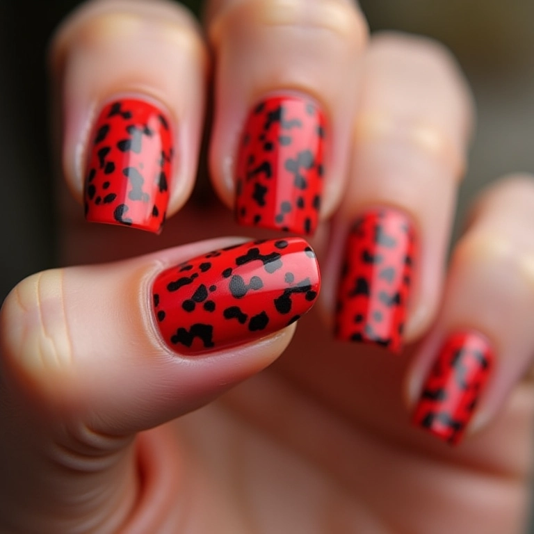 Unhas com estampa clássica de oncinha vermelha.