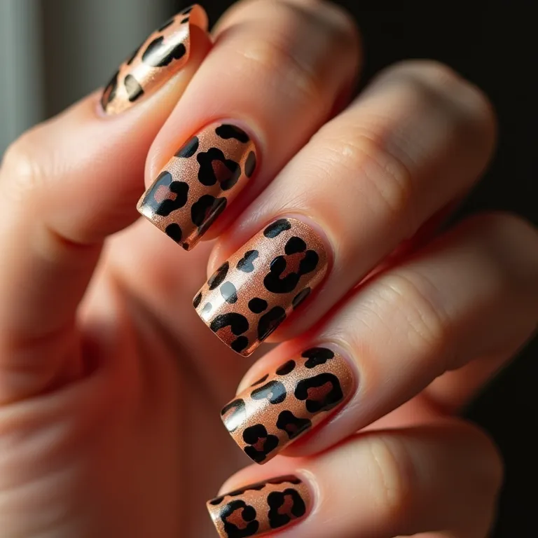 Unhas com estampa de animal, cores vibrantes.