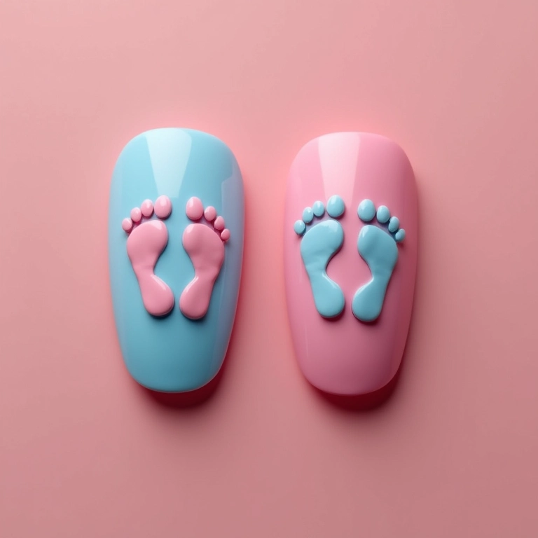 Unhas com estampa de pezinho para chá revelação.