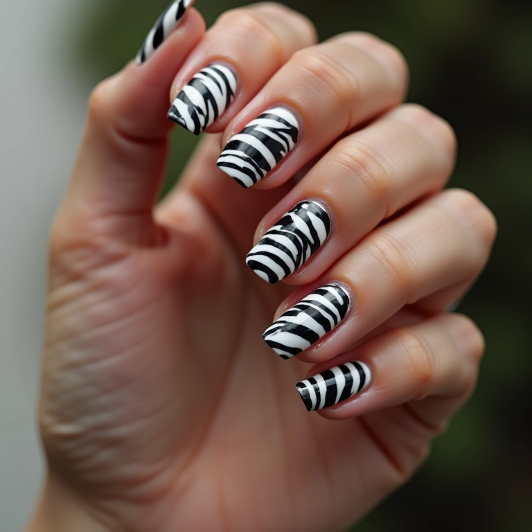 Unhas com estampa de zebra clássica em preto e branco.