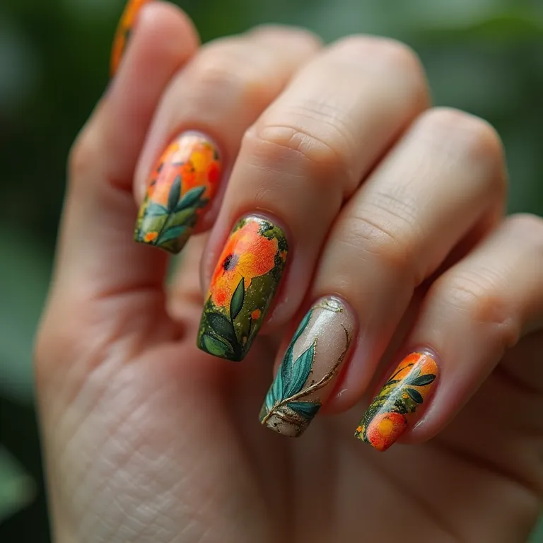 Unhas com estampas da natureza brasileira.