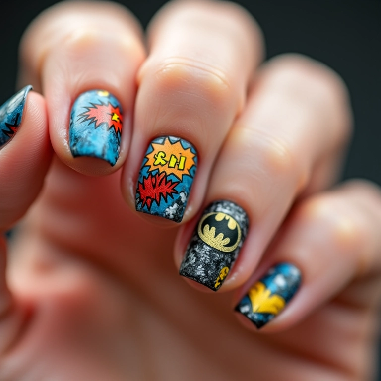 Unhas com estampas de quadrinhos: Batman e Mulher Maravilha.