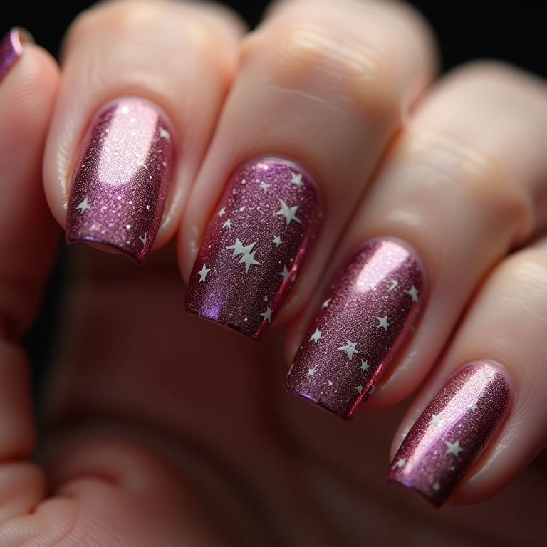 Unhas com estrelas cadentes e efeito glitter.