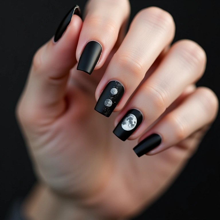 Unhas com fases da lua em design minimalista.