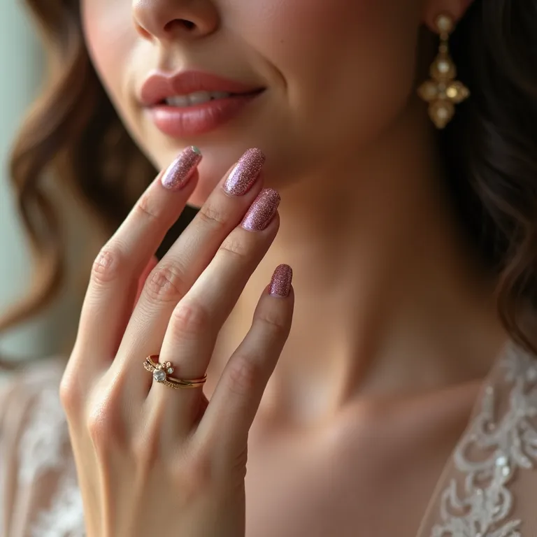 Unhas com filha única com glitter, detalhes elegantes.