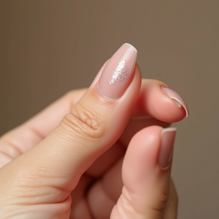 Unhas com filha única e detalhes sutis de glitter.