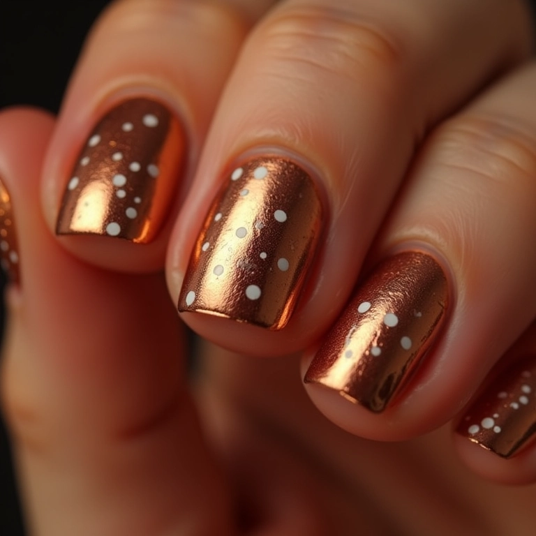Unhas com fitas metálicas douradas.