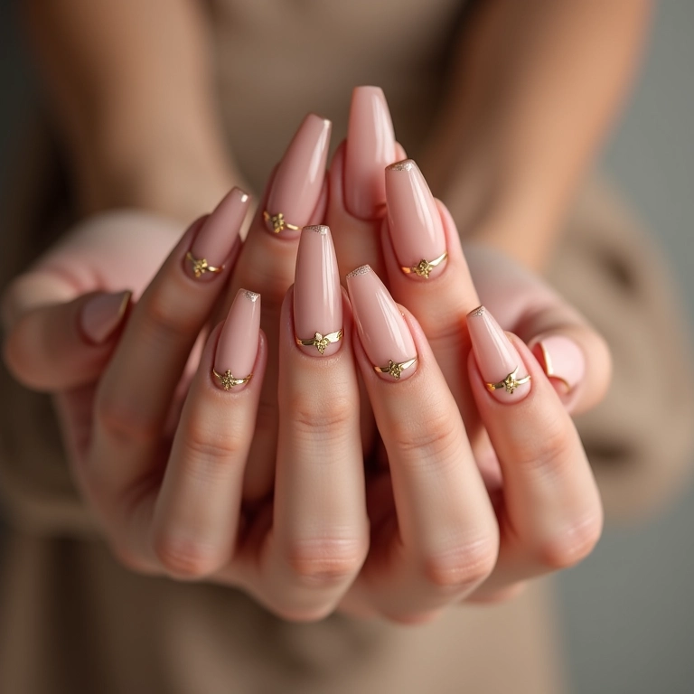 Unhas com fitilho dourado, design clássico e elegante.