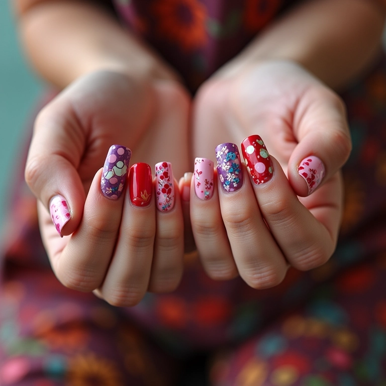 Unhas com fitilho e nail art, uma combinação criativa.