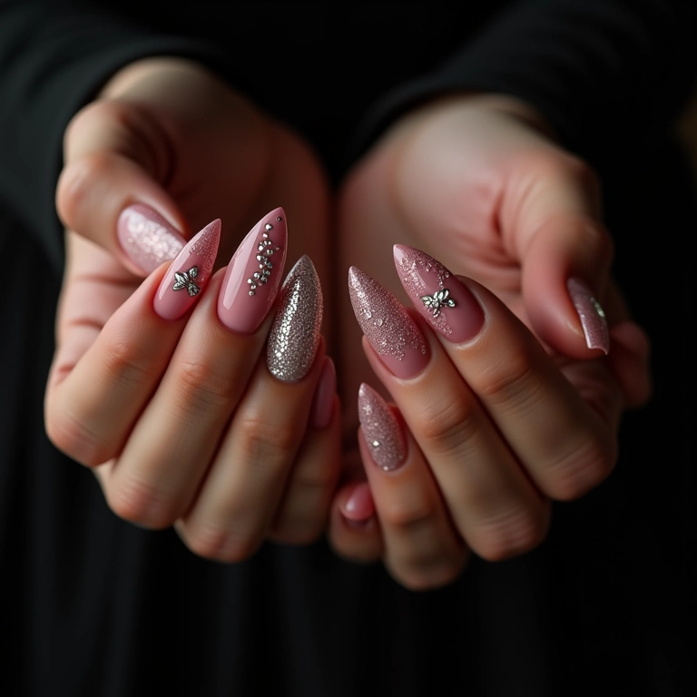 Unhas com fitilho e pedrarias, puro glamour e sofisticação.