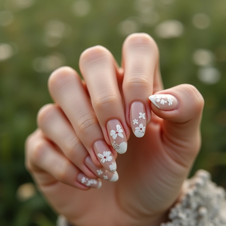 Unhas com flores brancas delicadas sobre nude.