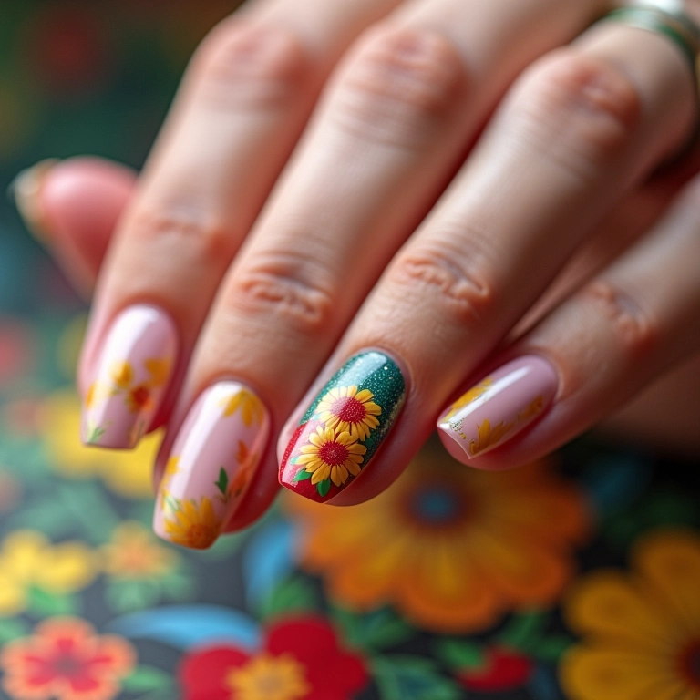Unhas com flores delicadas e design romântico.