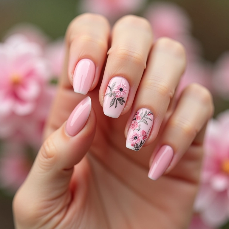 Unhas com flores delicadas pintadas com palito, toque romântico e cores suaves.