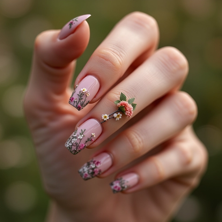Unhas com flores silvestres delicadas em um design country.