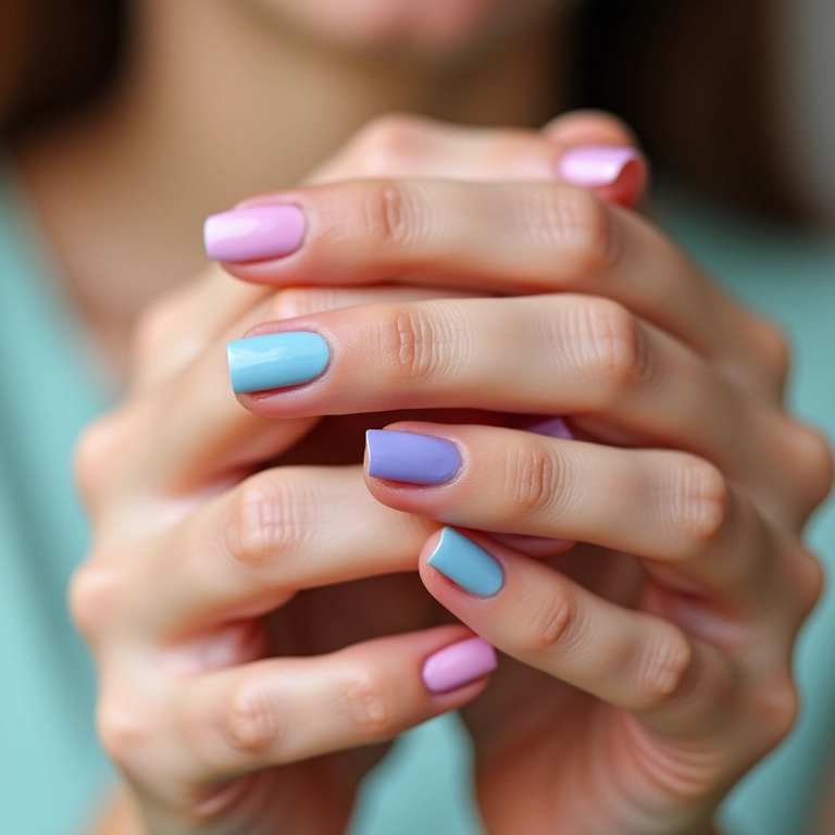 Unhas com francesinha colorida em tons pastel.