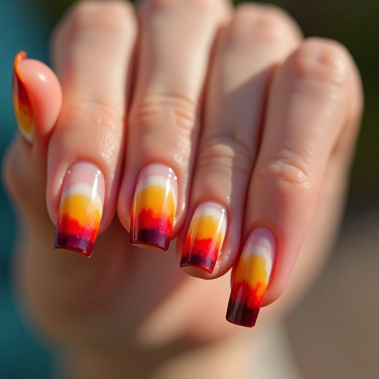 Unhas com francesinha colorida inspirada na Galinha Pintadinha.