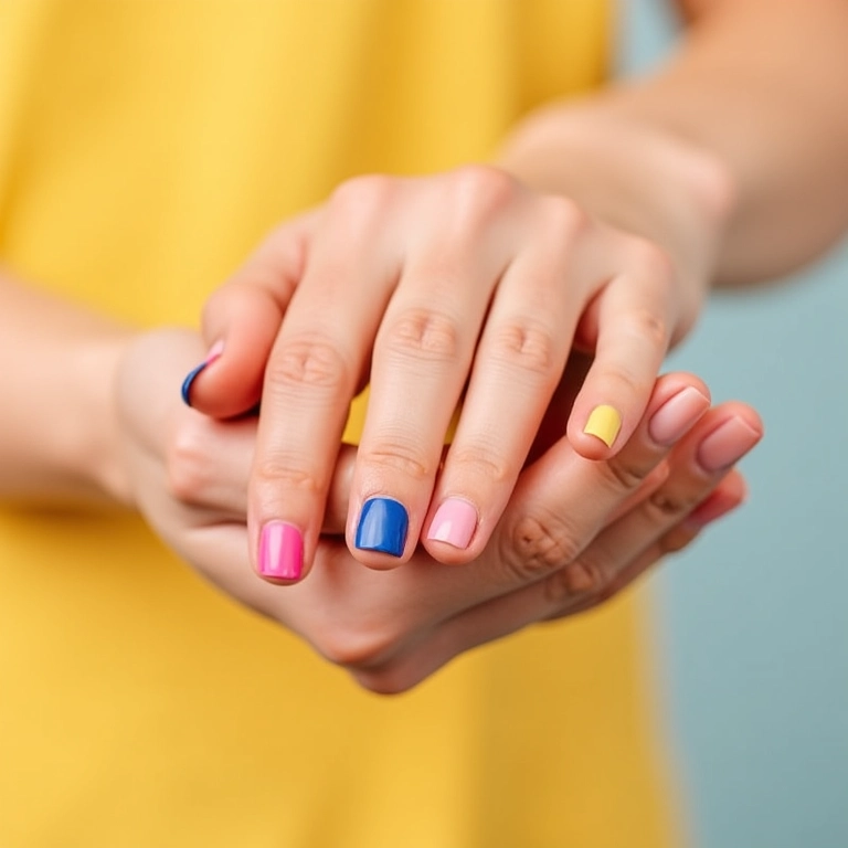 Unhas com francesinha colorida (rosa, amarelo, azul) em um fundo vibrante.