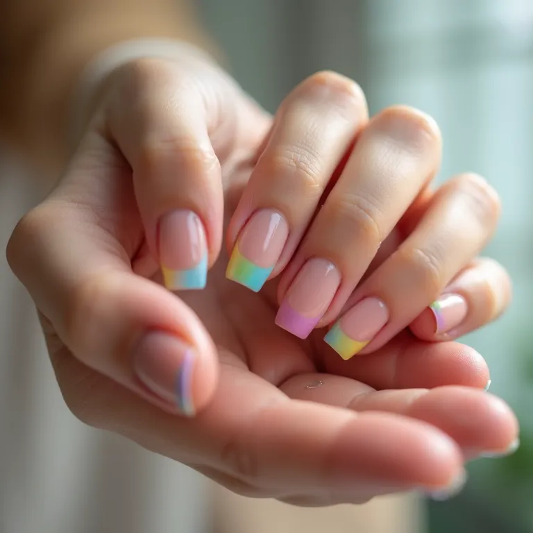 Unhas com francesinha colorida, tons pastel, luz natural.