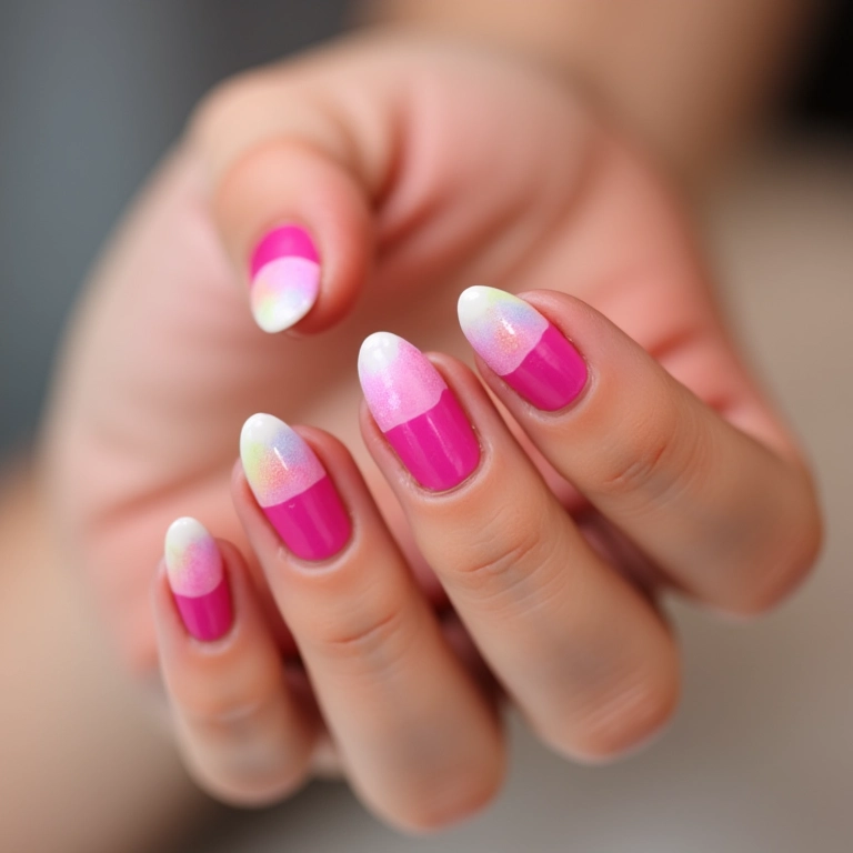 Unhas com francesinha colorida.