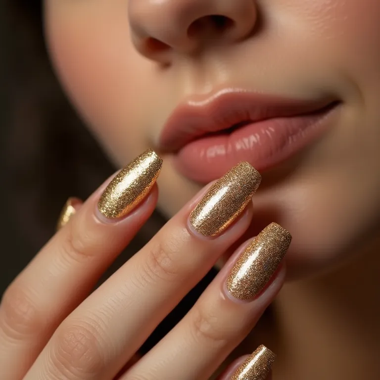 Unhas com francesinha de glitter dourado e joias elegantes.