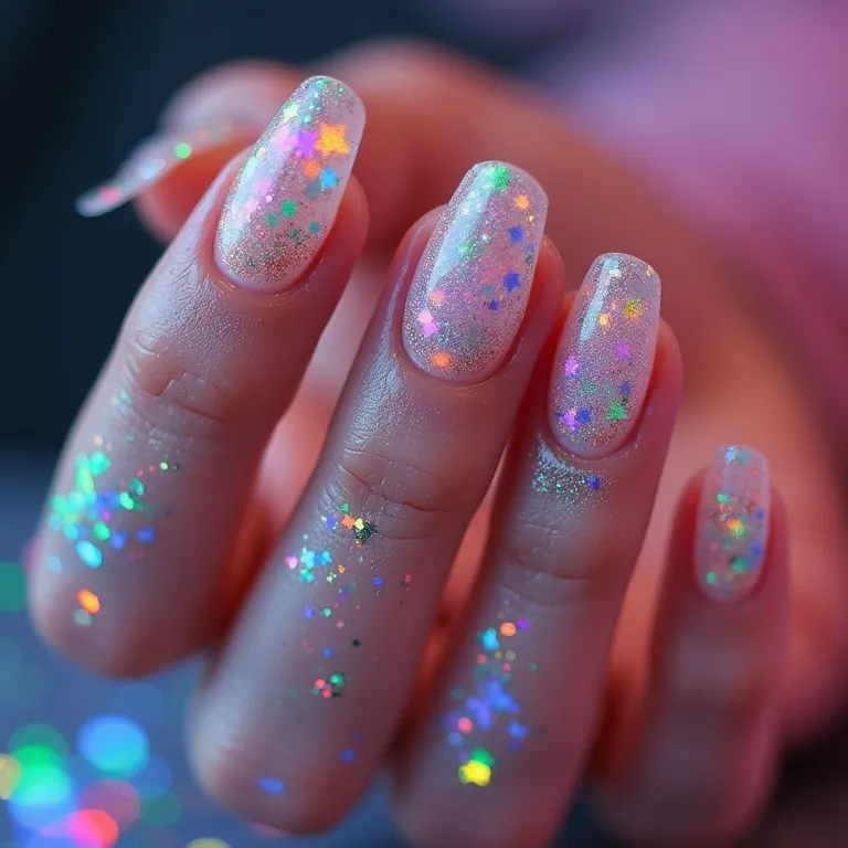 Unhas com francesinha de glitter holográfico e efeito arco-íris.