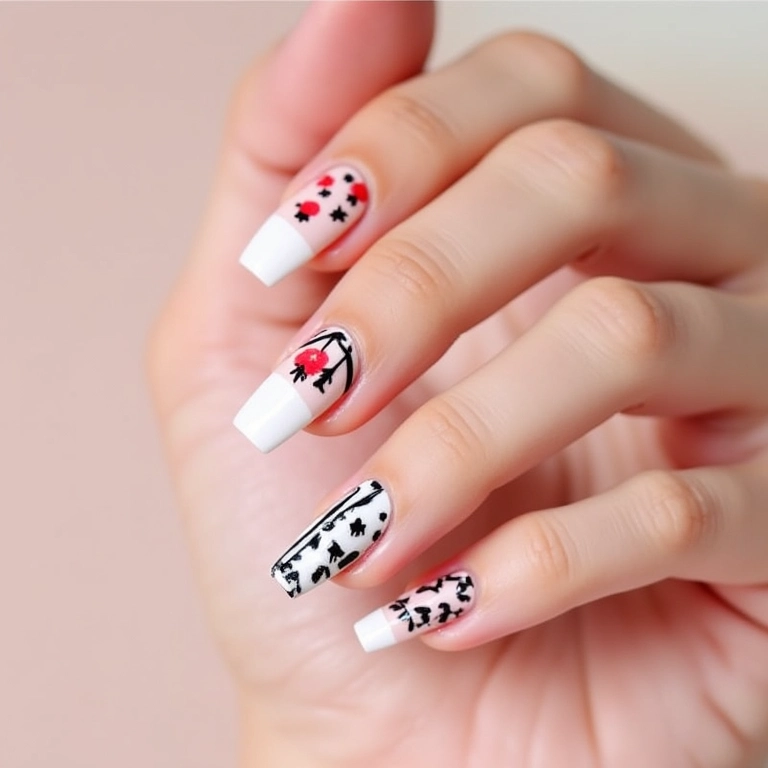 Unhas com francesinha e adesivos.