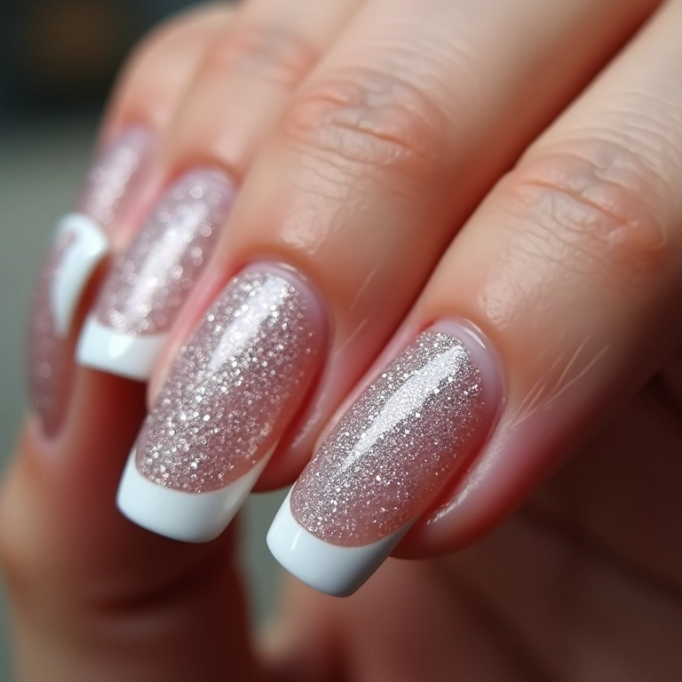 Unhas com francesinha e glitter.