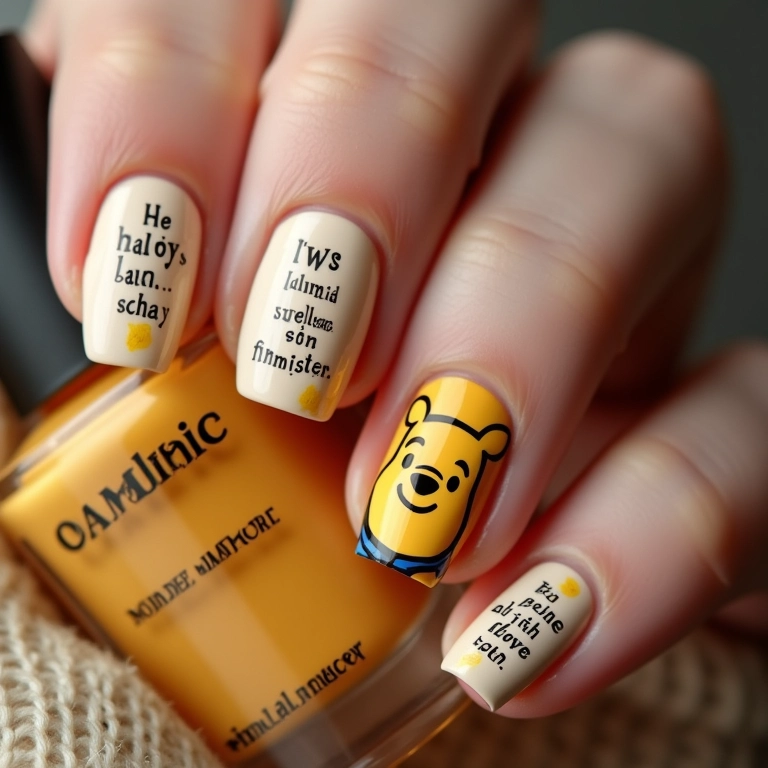 Unhas com frases do Ursinho Pooh.