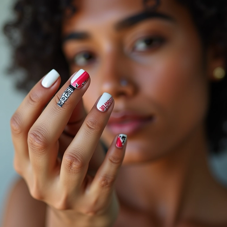 Unhas com frases e palavras com durex, personalize seu visual.