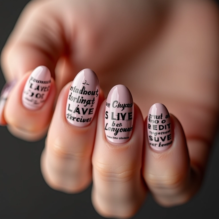 Unhas com frases e palavras inspiradoras em fonte elegante.
