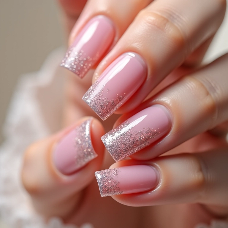 Unhas com glitter aplicado na base.